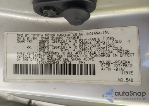 2004 Toyota Sienna Le from USA, damaged, VIN 5TDZA23C64S113072